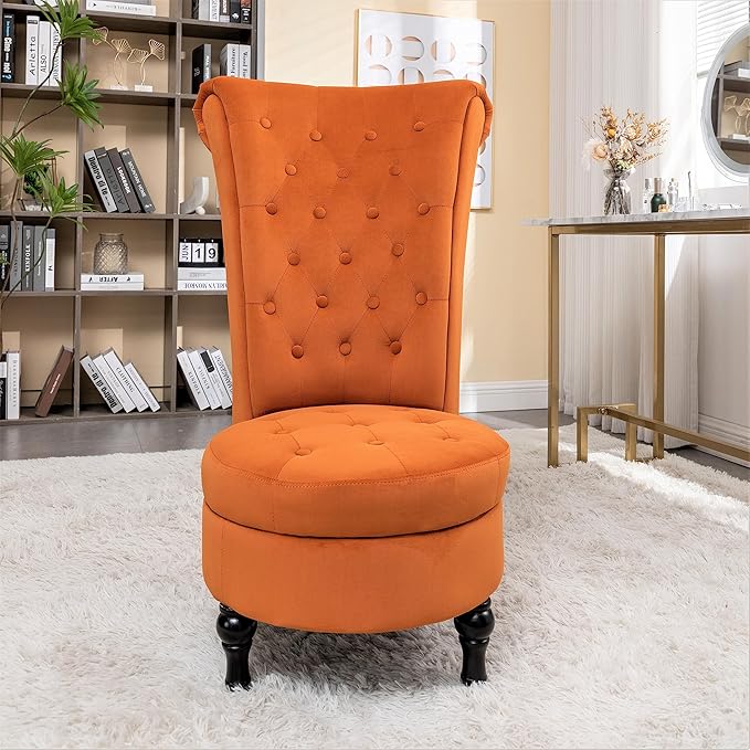 Royal High-Back Velvet Accent Chair for Vanity with Storage and Luxurious Upholstery, Retro Design and Versatile Usage for Livingroom, Bedroom, Lounge and Office, Red Orange