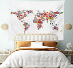 Ambesonne Floral World Map Tapestry, Bunch of Flower Petals Essence Fragrance Garden Growth Theme Atlas Image, Fabric Wall Hanging Decor for Bedroom Living Room Dorm, 28" X 23", Red White