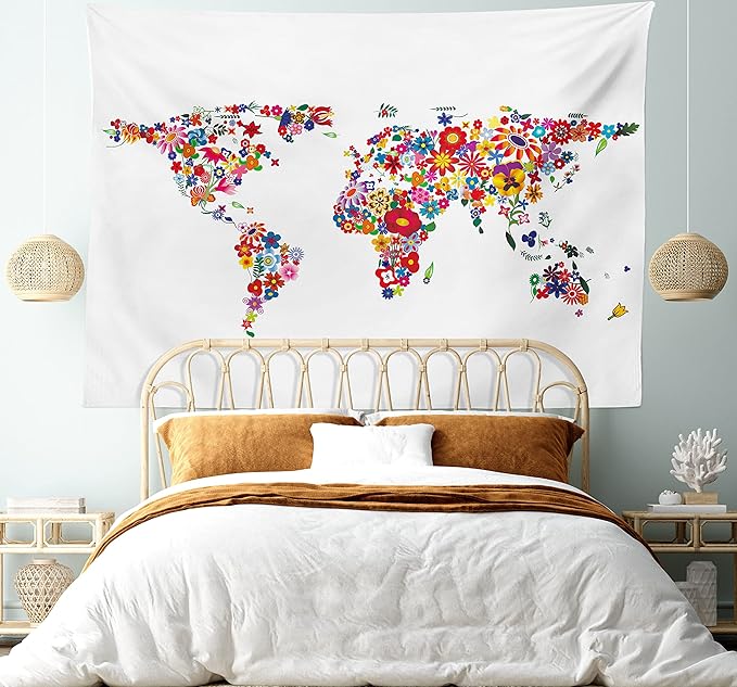 Ambesonne Floral World Map Tapestry, Bunch of Flower Petals Essence Fragrance Garden Growth Theme Atlas Image, Fabric Wall Hanging Decor for Bedroom Living Room Dorm, 28" X 23", Red White