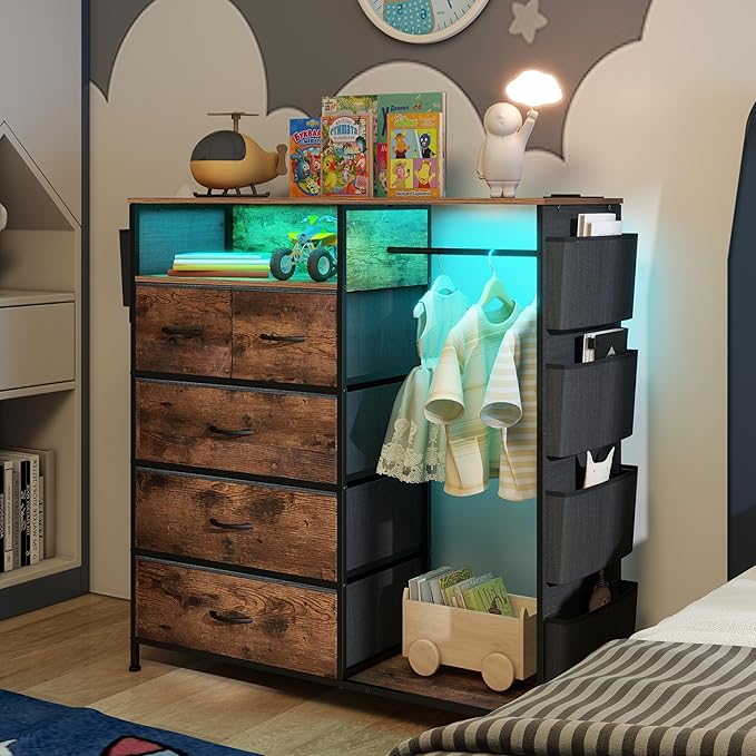 Dresser for Bedroom with Clothes Rack Side Pockets 5 Drawer Dresser with Charging Station LED Lights Black Storage Chest of Drawers for Hallway Closet Sturdy Steel Frame Wood Top (Brown)