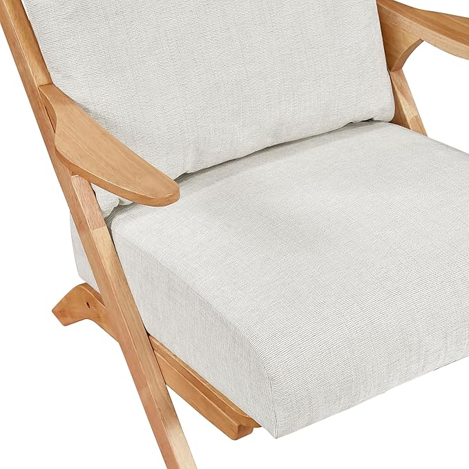 Lexicon Mid Century Modern Accent Chair, Natural Finish Solid Rubberwood Frame, Reversible Back Cushion, Woven Chenille Upholstered Reading Chair, for Living Room/Bedroom/Office, Beige