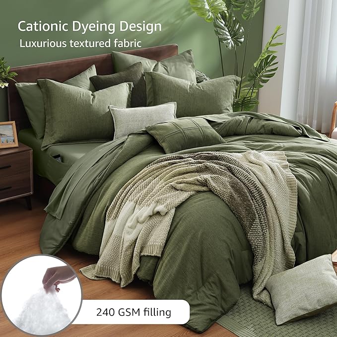 Monbix California King Comforter Set - 7 Pieces Cationic Dyeing Olive Green Bed in a Bag Cal King Bedding Sets with Comforter, Sheets, Pillowcases & Shams, Reversible Bedding Comforters Sets