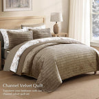 WRENSONGE Velvet Queen Quilt Set-3 Pieces Taupe Oatmeal Luxurious Velvet Striped Channel Comforter with 2 Shams, Soft Bedspread Coverlet Quilted Bedding Set for All Season