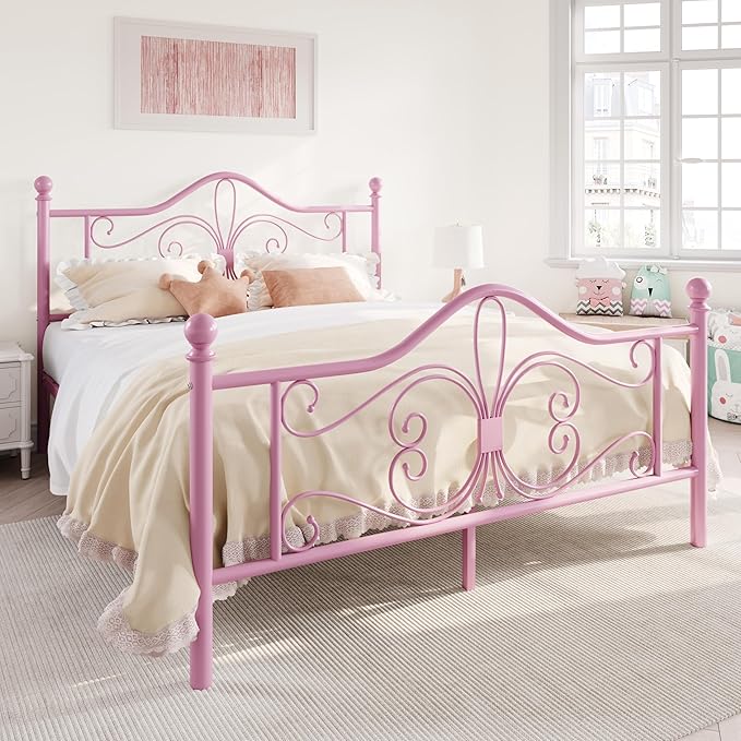 SHA CERLIN Full Size Bed Frame for Kids,Metal Bed Frame with Butterfly Pattern Design Headboard and Footboard,No Box Spring Needed,Easy Assembly,Pink