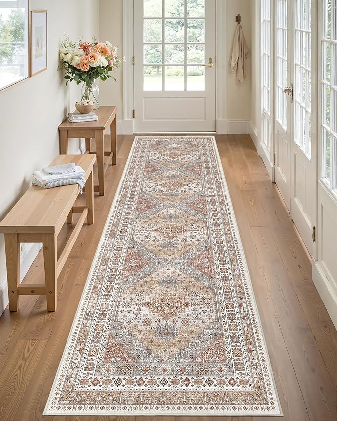 Runner Rug 2x8 Runners for Hallways Non Slip Washable, Vintage Hallway Runner Rugs for Living Room, Low Pile Soft Hallway Rug for Kitchen Bedroom Laundry Room Rug(Orange,2'x8')
