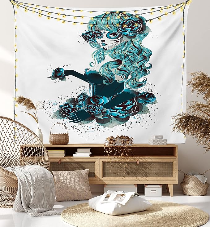 Ambesonne Skull Tapestry King Size, Vintage Sugar Shape Girl Day of the Dead Bride Dark Color Roses Graphic, Wall Hanging Bedspread Bed Cover Wall Decor, 104" X 88", Petrol Blue White