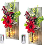 Mason Jars Sconce Decor Rustic Wall Sconces Handmade Wall Art Hanging Design with Remote Control LED Fairy Lights and Red Berry, Xmas Farmhouse Wall Home Decor Living Room Lights Set of Two