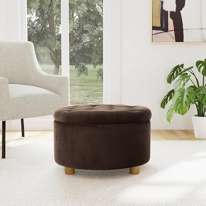 Homepop Home Decor | Button Tufted Velvet Round Storage Ottoman | Ottoman with Storage for Living Room & Bedroom, Chocolate Brown Velvet