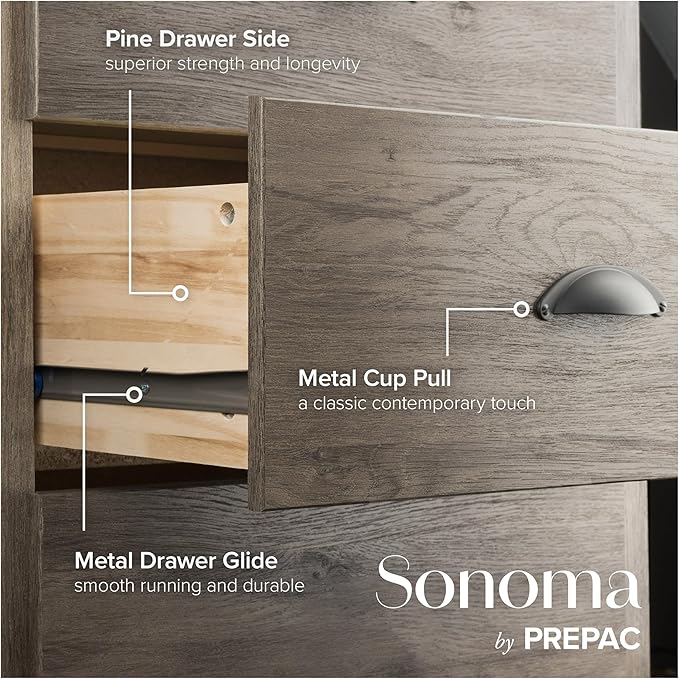 Prepac Sonoma 6-Drawer Double Dresser for Bedroom, Wide Chest of Drawers, Traditional Bedroom Furniture, 59" wide x 17.5" deep x 29" tall, Drifted Gray