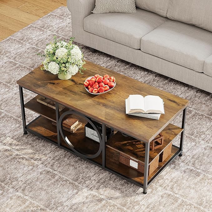 Coffee Table for Living Room 47" Center Table with Round Middle Design 3-Tier Farmhouse Style Rustic Wood Coffee Table with Storage Open Shelf Space Saving Easy Assembly