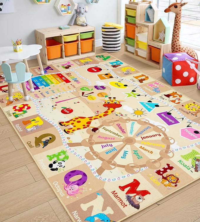 Chicrug Educational Kid Area Rug for Playroom, 9x12 Feet TPR Non Slip Kids Classroom Carpet Rug for Learning ABC Animal Shape Color Fruit, Washable Play Mat Rug for Children Nursery Toddler Room Decor