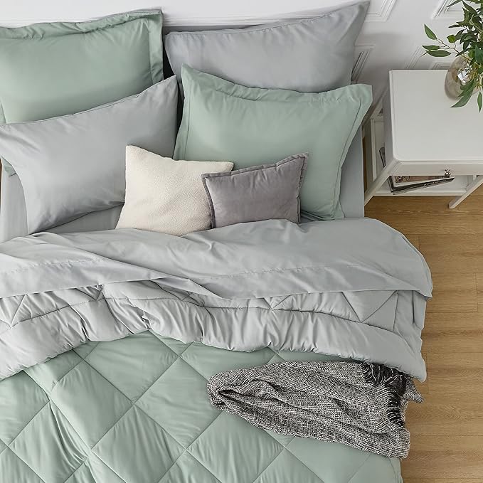 Bedsure Twin XL Comforter Set - 5 Pieces Reversible Sage Green Bedding, Twin XL Size Bed Set for All Seasons, Bed in a Bag with Down Alternative Comforter, Sheets, Pillowcase & Sham
