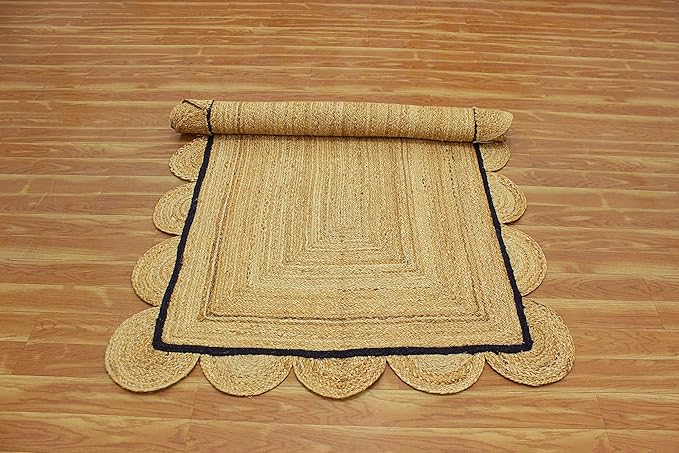 Scalloped Edge Rug, Hand Woven Natural Jute Area Rug, 12x12 Ft Square Beige & Black Braided Kilim Rugs for Living Room, Kitchen, Entryway, Farmhouse