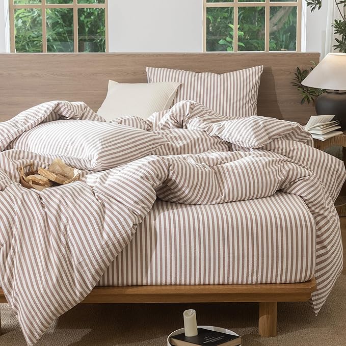 MooMee Striped Duvet Cover Set 100% Washed Cotton Linen Like Textured Breathable Durable Soft Comfy (Orange Classic Stripes, Super Queen 90"x98")
