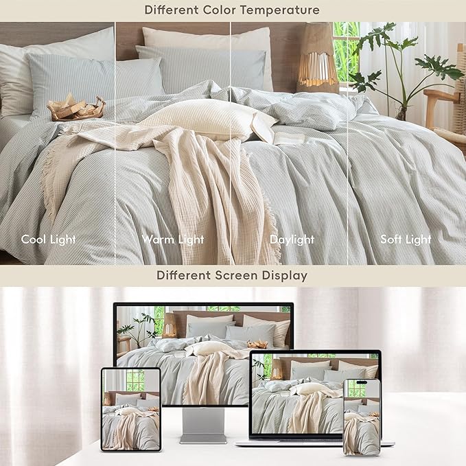 MooMee Striped Duvet Cover Set 100% Washed Cotton Linen Like Textured Breathable Durable Soft Comfy (Heathered Green Pinstripes, Alaska King 132"x120")
