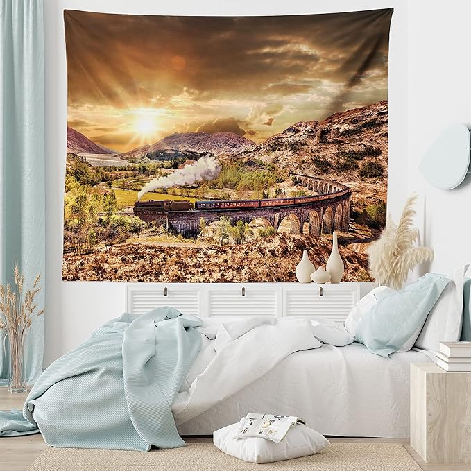 Ambesonne Wizard Tapestry, Wizard Express Famous Train Landscape Glenfinnan Railway Viaduct Scotland Sunset, Fabric Wall Hanging Decor for Bedroom Living Room Dorm, 45" X 30", Brown Green