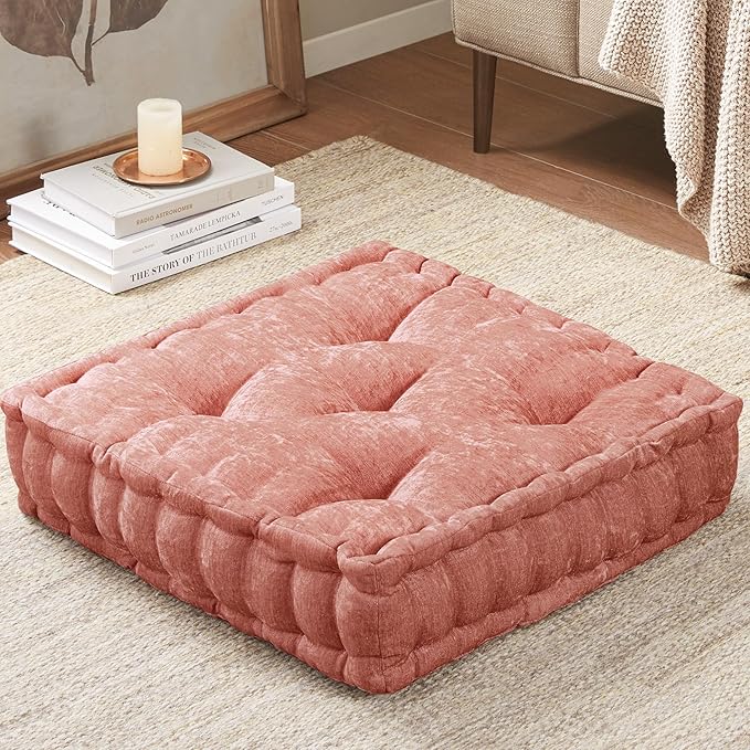Intelligent Design Azza Floor Pillow, Large Seat Cushions for Adults, Floor Pillow for Meditation or Yoga, Lustrous Chenille Tufted, Scalloped Edges for Bench/Chair Cushion, 20"x20"x5", Dusty Peach