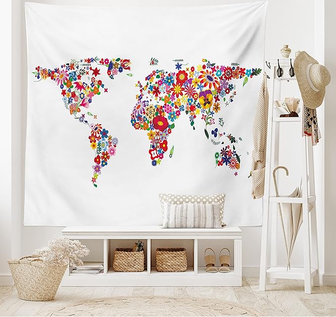 Ambesonne Floral World Map Tapestry, Bunch of Flower Petals Essence Fragrance Garden Growth Theme Atlas Image, Fabric Wall Hanging Decor for Bedroom Living Room Dorm, 45" X 30", Red White