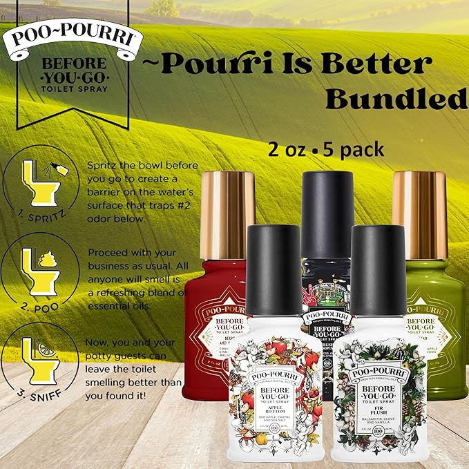 Poo-Pourri Before You Go Toilet Spray 5 Pack Set 2 oz Bottles, Peaches And Cream, Fir Flush, Flush Down, Berry and Bright, Balsam Bum Set