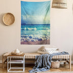 Ambesonne Tropical Island Tapestry, Ocean Waves on Seychelles Beach at the Sunset Time Skyline, Wall Hanging for Bedroom Living Room Dorm Decor, 60" X 80", Turquoise Sky Blue Umber