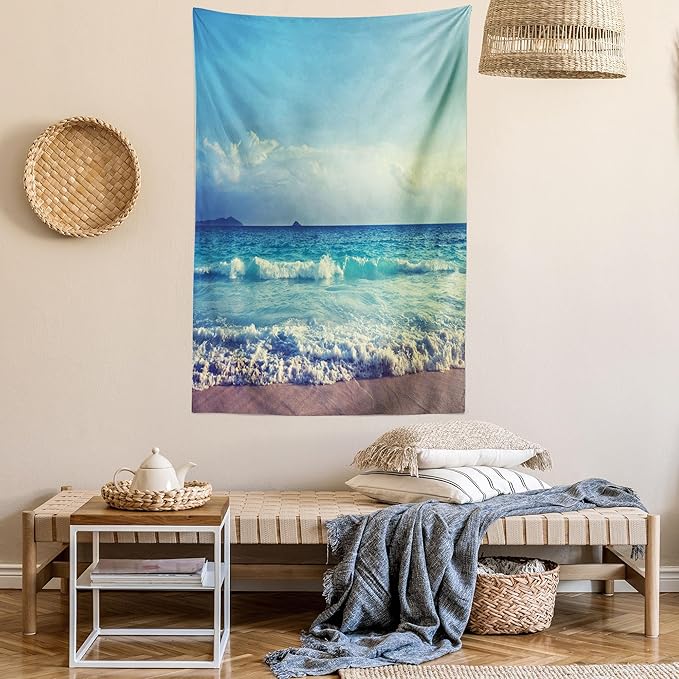 Ambesonne Tropical Island Tapestry, Ocean Waves on Seychelles Beach at the Sunset Time Skyline, Fabric Wall Hanging Decor for Bedroom Living Room Dorm, 30" X 45", Turquoise Sky Blue Umber