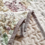 Flysheep 3 Pieces Quilt Set Full/Queen Size, Beige Floral Reversible Bedspread Coverlet Set, Soft Microfiber Lightweight Bed Cover for All Season (90" x 90", 1 Quilt+ 2 Pillow Shams)
