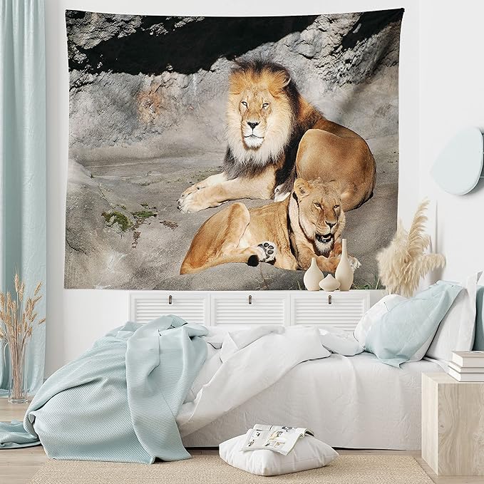 Ambesonne Zoo Tapestry Queen Size, Male and Female Lions Basking in The Sun Wild Cats Habitat King of Jungle, Wall Hanging Bedspread Bed Cover Wall Decor, Queen Size, Pale Brown Grey Yellow