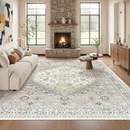 Washable Rugs 8x10 Area Rugs for Living Room, Non-Slip Backing Large Rug for Nursery Room, Vintage Floral Bedroom Rugs, Thin Indoor Home Decor Soft Farmhouse Rug (Beige,8'x10')