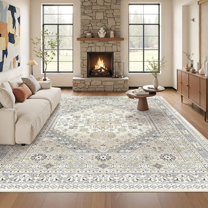 Washable Rugs 8x10 Area Rugs for Living Room, Non-Slip Backing Large Rug for Nursery Room, Vintage Floral Bedroom Rugs, Thin Indoor Home Decor Soft Farmhouse Rug (Beige,8'x10')