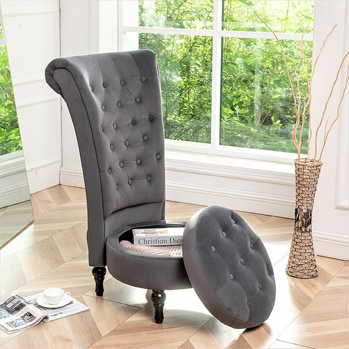 Royal High-Back Velvet Accent Chair for Vanity with Storage and Luxurious Upholstery, Retro Design and Versatile Usage for Livingroom, Bedroom, Lounge and Office, Grey