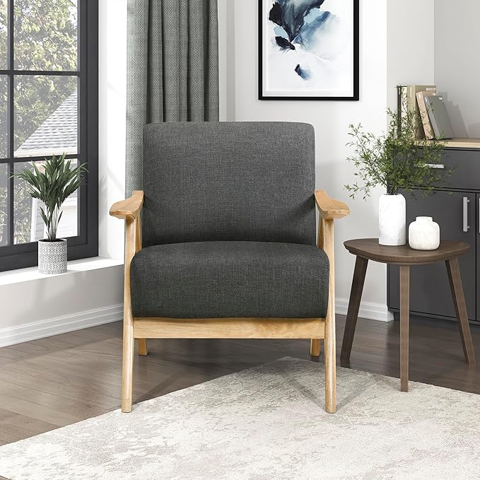 Lexicon Mid Century Modern Accent Chair with Solid Wood Frame in Natural Finish, Textured Fabric Living Room Lounge Arm Chair, Thick and Comfy Innerspring Seat Cushion, Linen-Look Fabric, Dark Gray