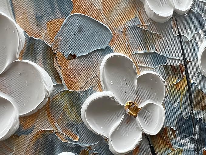 White Flower Canvas Wall Art Painting Hand-Painted Contemporary Art Works Living Room, Bedroom, Dining Room Wall Decoration 24x48 Inch