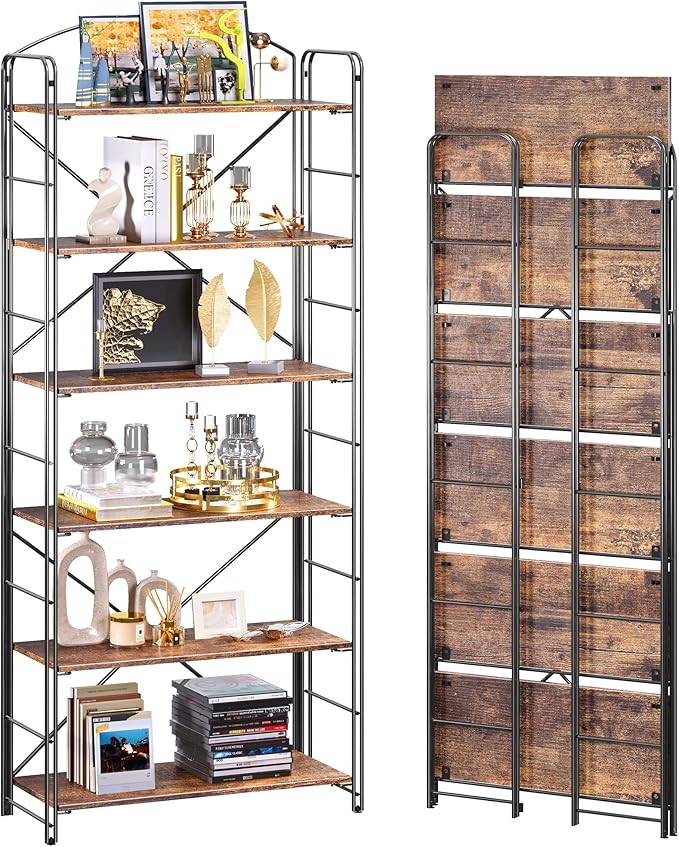 UDD Folding Bookshelf No Assembly, 65"H x 23.7"W, 6 Shelf Foldable Bookcase Industrial Collapsible Bookshelves, Open Storage Book Shelves for Small Spaces Home Office Living Room, Rustic Brown Black