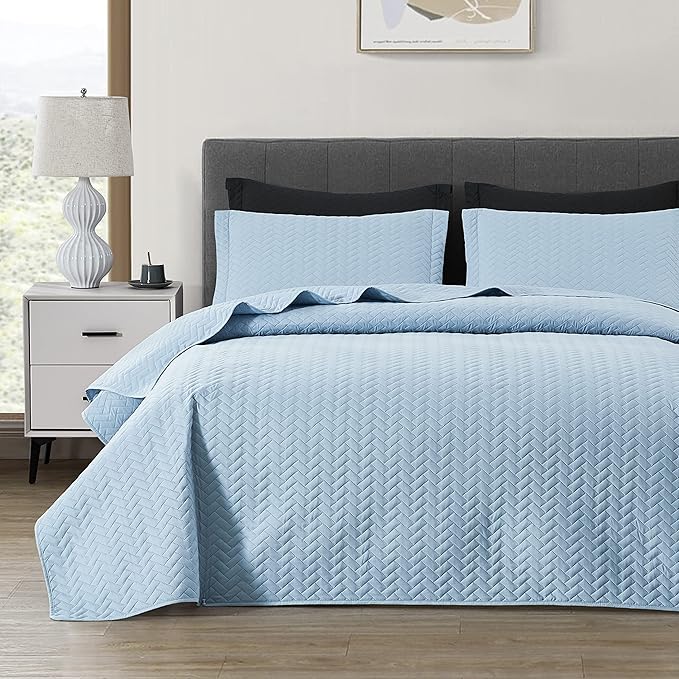 Maple&Stone Quilt Set Queen Size, Lightweight Light Blue Bedspread Ultrasonic Chevron Pattern Light Coverlet for All Season Comforter Bedding Decor - 3 Piece Full Bed Cover Sets