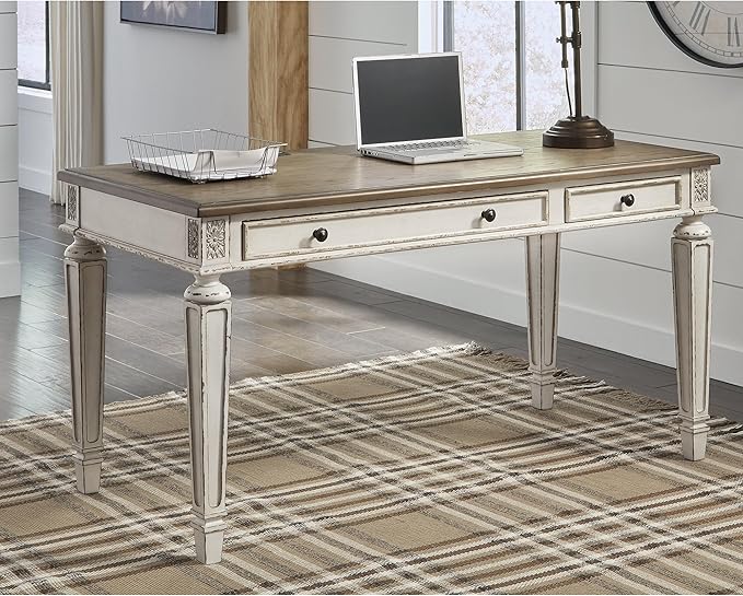 Signature Design by Ashley Realyn Farmhouse Home Office Desk, 2 Drawers, Drop-down Drawer, USB Charging, Wood, 60" W x 28" D x 31" H, Chipped White and Brown
