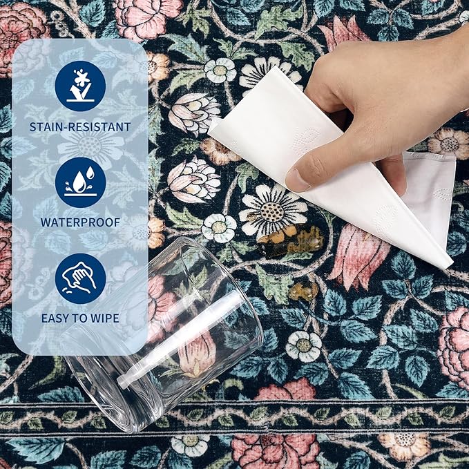 GarveeHome Indigo Blue and Pink Vintage Floral Washable 5x7 Area Rugs for Living Room Boho Retro Rug Low Pile Stain Resistance Non Slip Carpet for Bedroom Nursery Dining Room