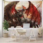 Ambesonne Fantasy World Tapestry, Majestic Dragon Resting on Mountain Mythological Fire-Spewing Creature Print, Fabric Wall Hanging Decor for Bedroom Living Room Dorm, 28" X 23", Brown Red