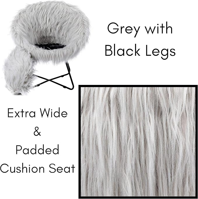 BIRDROCK HOME Faux Fur Papasan Chair with Black Legs - Luxuriously Soft & Lightweight - Wide Cushion Seat for Playroom, or Living Room - Moon Chair - Metal - Fluffy Round Seat - Circle - Grey