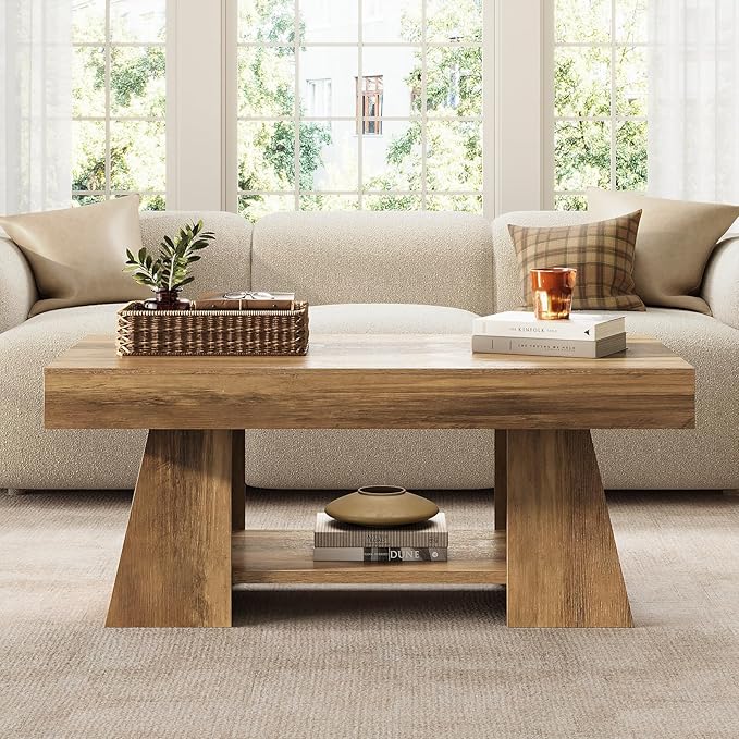 Tohomeor Coffee Table, 47.24" Farmhouse Wooden Rectangular Accent Center Tables with Storage Shelf Thick Base for Living Room, Home Office, Retro Brown