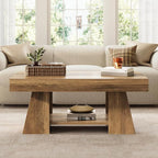 Tohomeor Coffee Table, 47.24" Farmhouse Wooden Rectangular Accent Center Tables with Storage Shelf Thick Base for Living Room, Home Office, Retro Brown