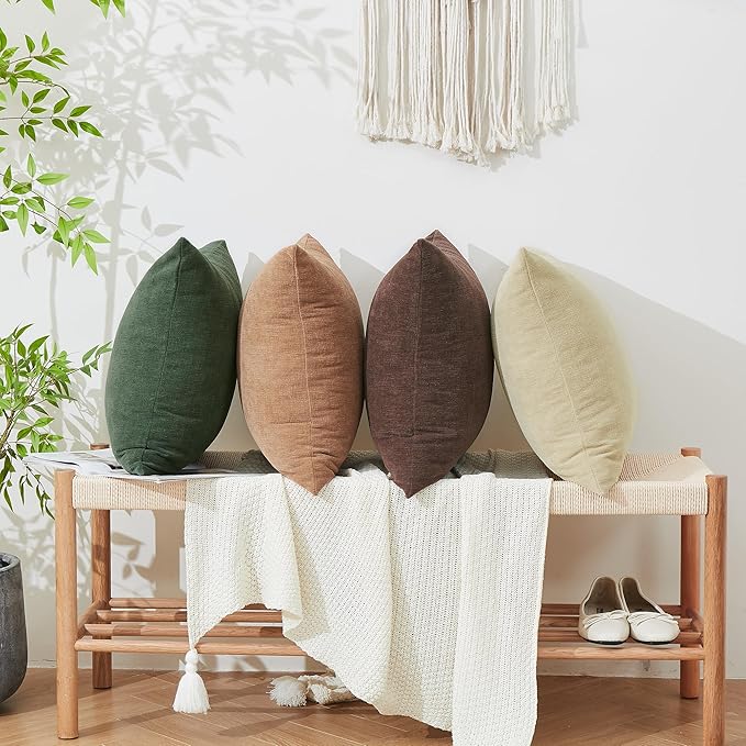 GAWAMAY Decorative Chenille Throw Pillow Covers 24x24 Inch Pack of 2, Soft Square Couch Pillow Cover for Sofa Cushion Living Room Bedroom Solid Dyed Pillowcases Khaki 60x60cm (ONLY Covers)