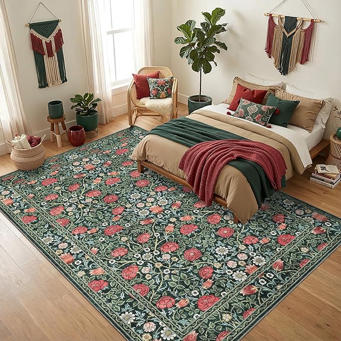 GarveeHome Green Vintage Floral Washable 6x9 Area Rugs for Living Room Boho Botanical Retro Rug Low Pile Stain Resistance Non Slip Carpet for Bedroom Nursery Dining Room