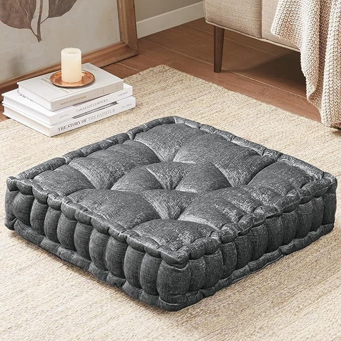 Intelligent Design Azza Floor Pillow, Large Cushions Sitting for Adults, Floor Pillow for Meditation or Yoga, Lustrous Chenille Tufted with Scalloped Edges for Bench/Chair Cushion, 20"x20"x5" Charcoal