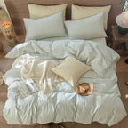 MooMee Striped Duvet Cover Set 100% Washed Cotton Linen Like Textured Breathable Durable Soft Comfy (Sage Green White Classic Stripes, Twin 68"x90")