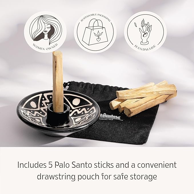 Luna Sundara Authentic Peru Pottery Palo Santo Stick Holder and Incense Holder with 5 Palo Santo Sticks Handmade Ceramic Smudge Bowl Sage Holder Black and White Gift Set