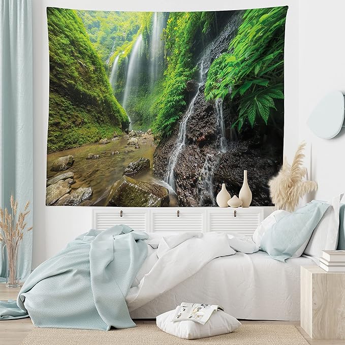 Ambesonne Waterfall Tapestry, Waterfalls Side Valley in Indonesia with Southeast Bushes Above Hills, Fabric Wall Hanging Decor for Bedroom Living Room Dorm, 28" X 23", Brown Green