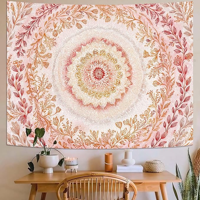 Lifeel Pink Mandala Tapestry, Cute Boho Medallion Floral Tapestries for Girls Bedroom Living Room Dorm Decor, 36x48 inches