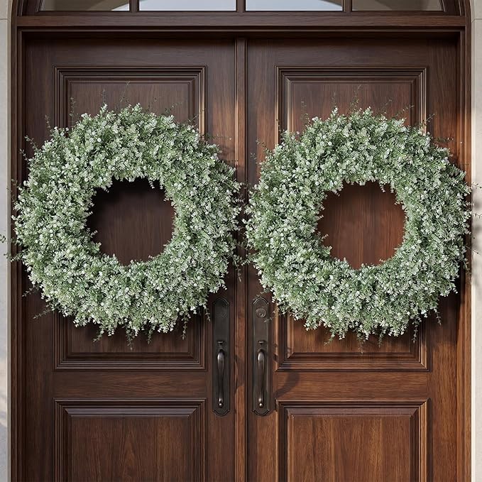 32'' Large Eucalyptus Wreath for Front Door, Porch- Artificial Eucalyptus and Lavender with Babys Breath Flowers Wreath for Home, Farmhouse Wall Decor- Spring, Summer, Fall, All Seasons (White-Green)