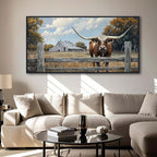 XLSJERST Rustic Wall Decor Poster 48x24 Inches - Longhorn Picture Farm Artwork Canvas Picture Brown Cow Wall Art for Living Room Guest Bath Decoration