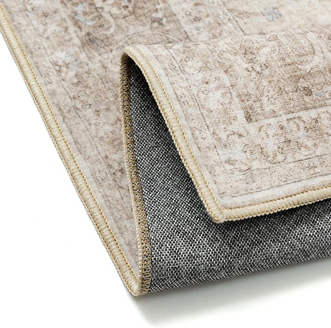 Beige Area Rug 4x5 Washable Office Entryway Vintage Carpet Low Pile Non Slip Distressed Door Mat Soft Traditional Retro Oriental Small Accent Throw Rug Kitchen Bedroom Bathroom Dining Room